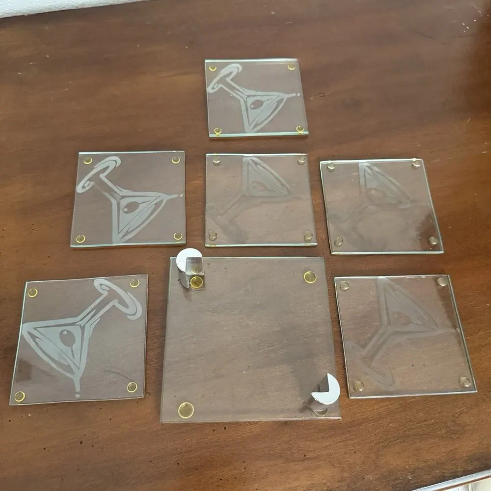 Vtg Martini Coasters Set of 6 Frosted Etched Glass Pattern w/Chrome Holder Retro